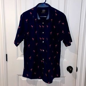 Navy shirt with a pink flamingo pattern, large, semi-fit